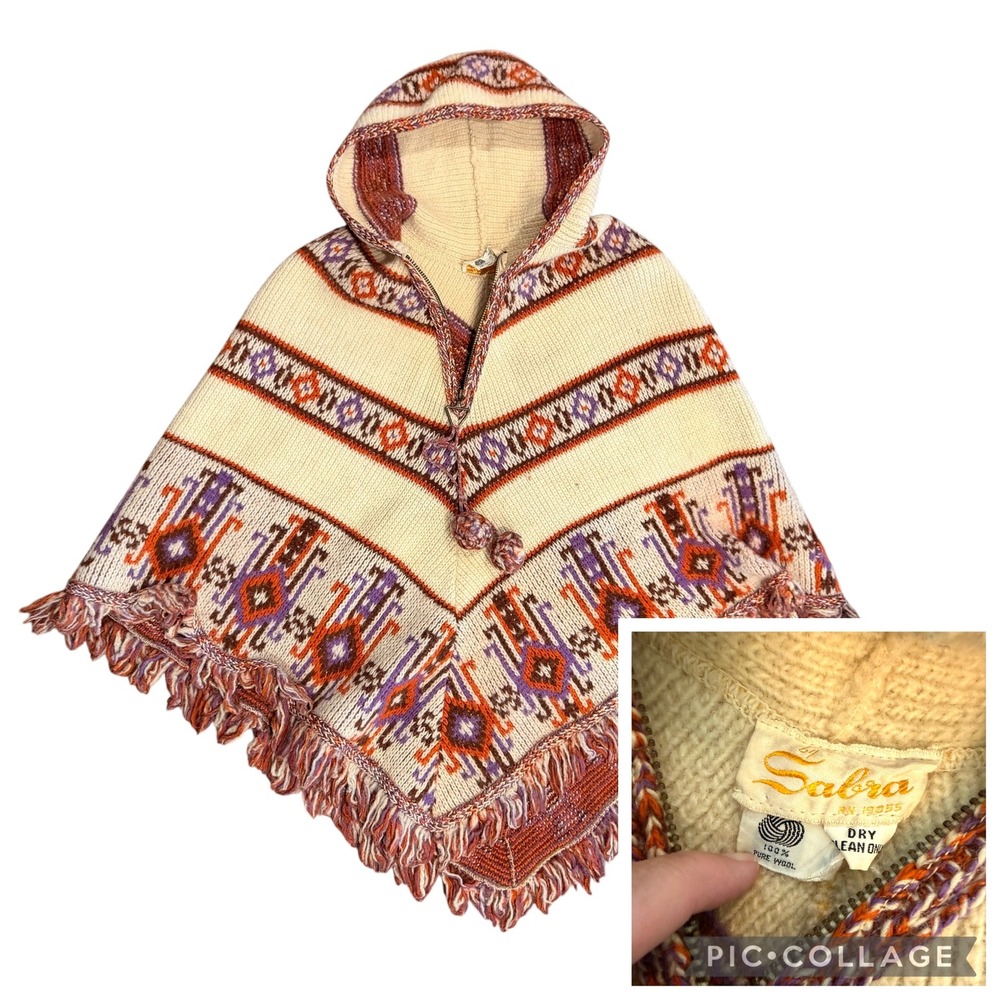 Vintage Sabra 100% Wool Hooded Poncho 70s Chunky Knit Fringe Zip Up Cream‎ READ